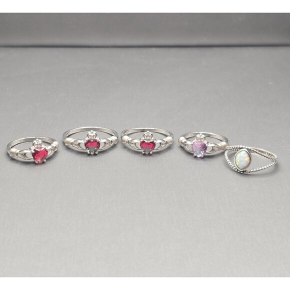 Set of 5 Sterling Silver Gemstone Rings Size 6–9 Claddagh Opal Tourmaline Quartz - Picture 7 of 13